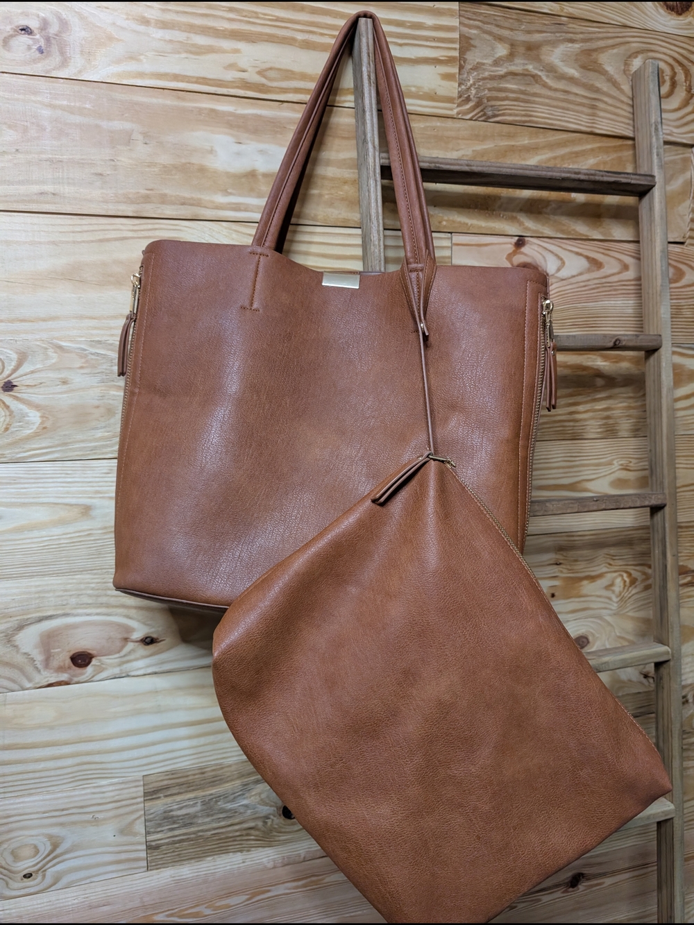 Tan Leatherette Tote Bag with Pouch - Women Bags - Picture 9 of 12